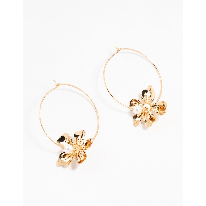 Gold Pearl Spike Flower Hoop Earrings