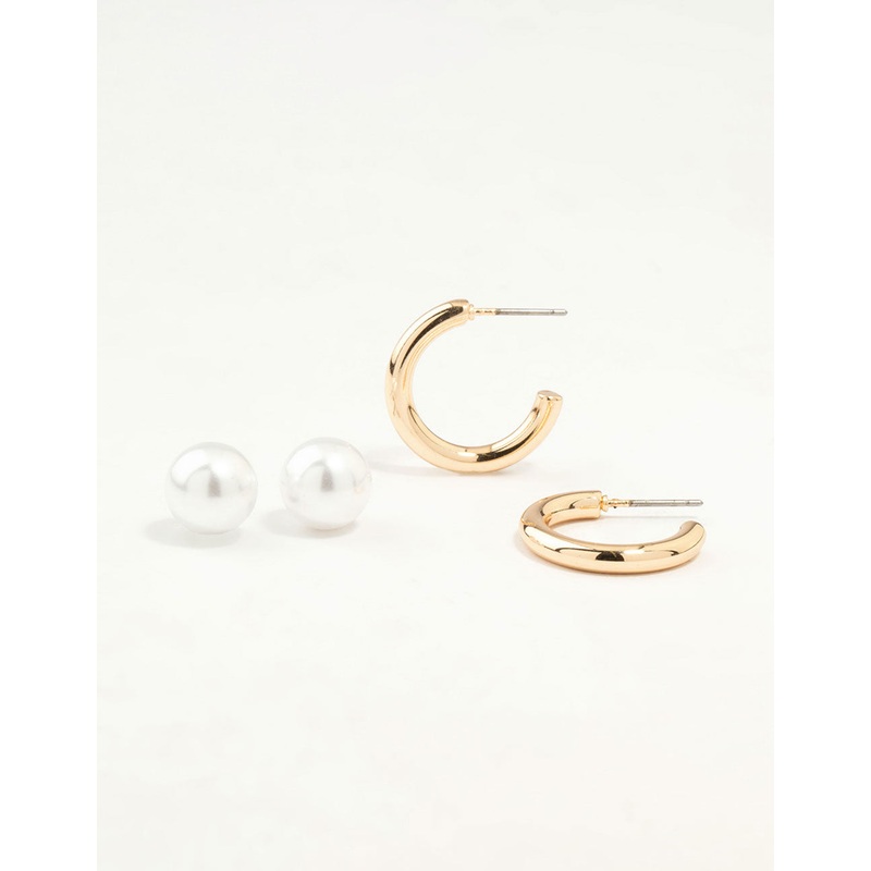 Gold Pearl Stud & Hoop Earrings 2-Pack