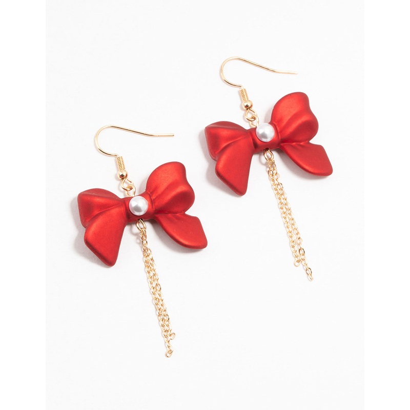 Gold Pearlised Red Bow Chain Drop Earrings