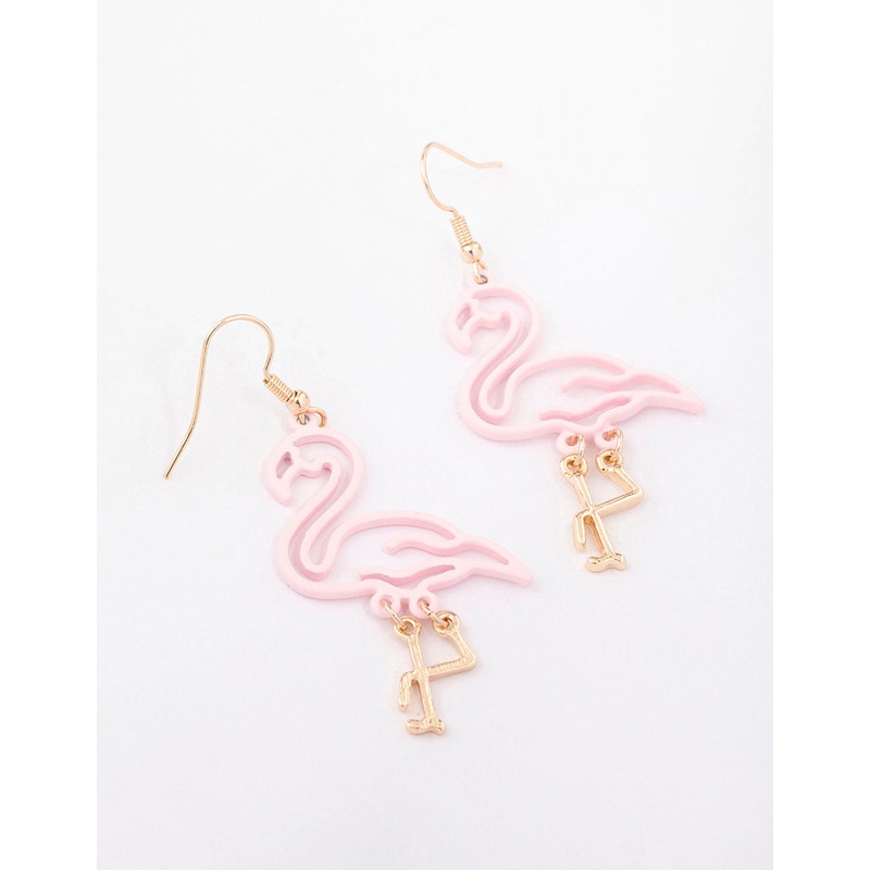 Gold Pink Cut Out Flamingo Drop Earrings