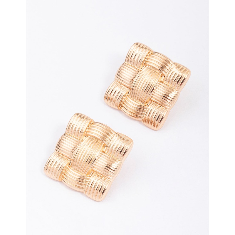 Gold Quilted Square Stud Earrings