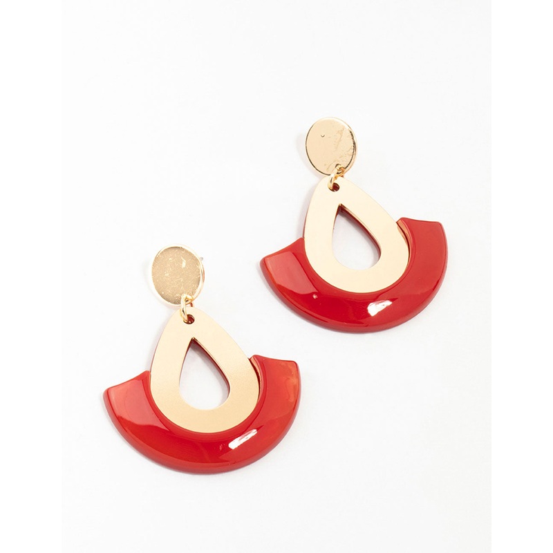 Gold & Red Acrylic Disc & Lantern Drop Earrings