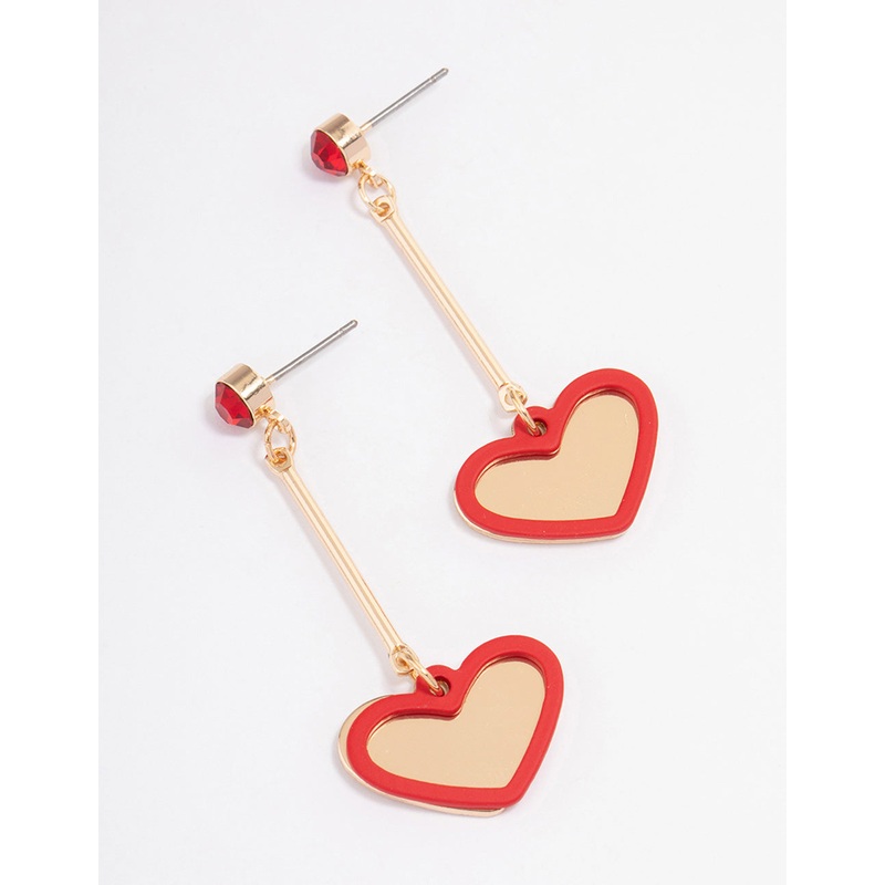 Gold Red Diamante Heart Drop Earrings