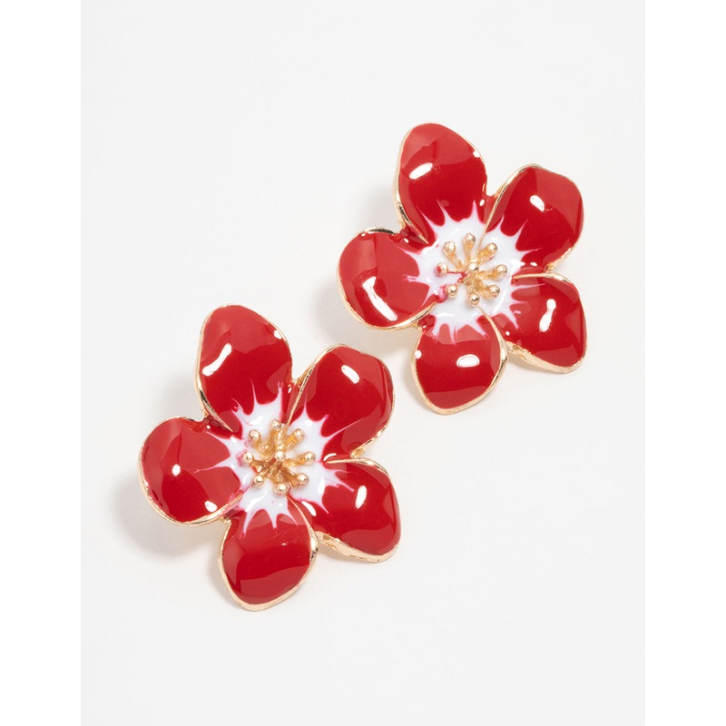 Gold Red Frangipani Stud Earrings