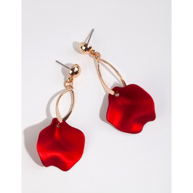 Gold & Red Pearlised Petal Drop Earrings