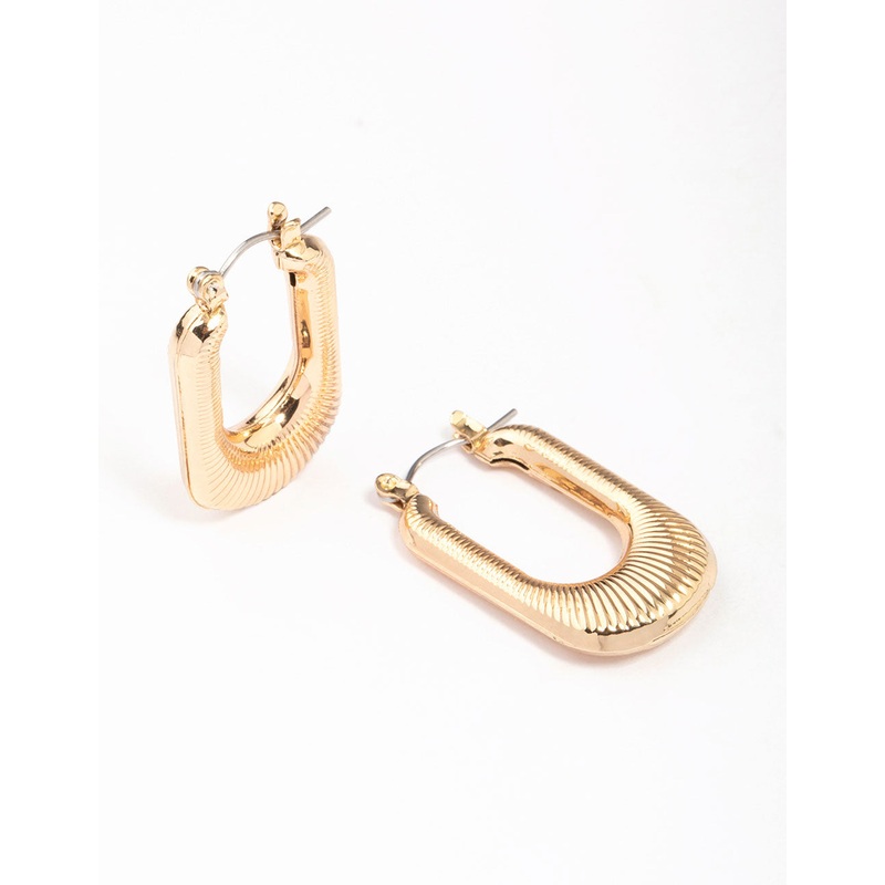 Gold Ribbed Rectangular Hoop Earrings