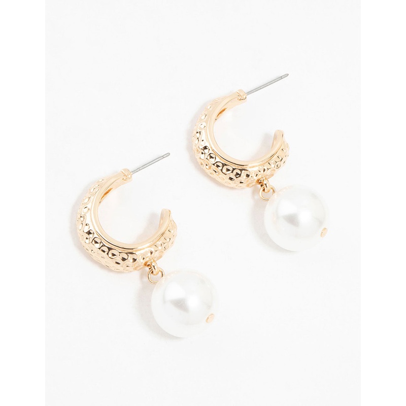 Gold Textured Pearl Drop Earrings
