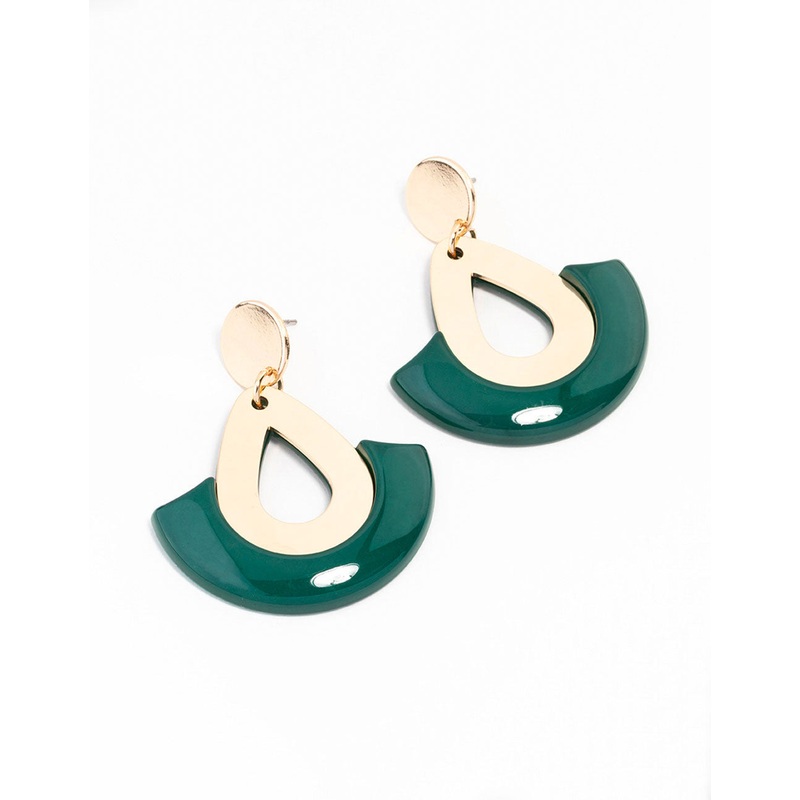 Green Gold Acrylic Disc And Lantern Drop Earrings