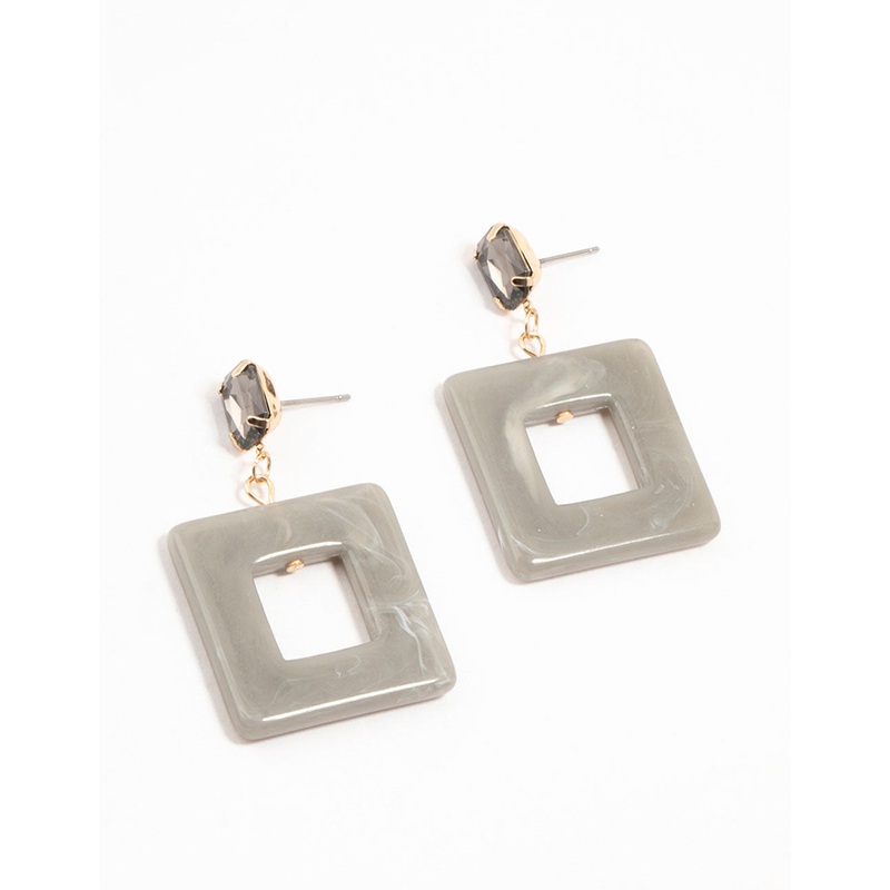 Grey Acrylic Cutout Square Drop Gold Earrings