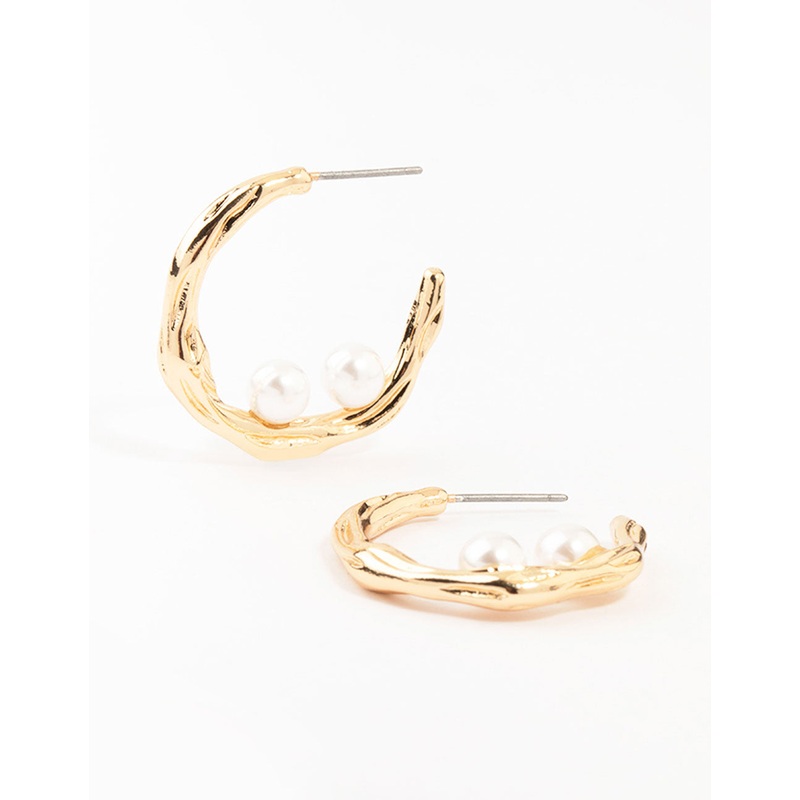 Hammered Gold Pearl Hoop Earrings