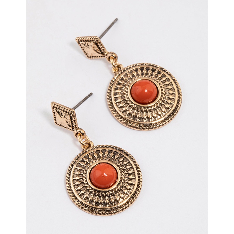 Orange Etched Stone Drop Earrings