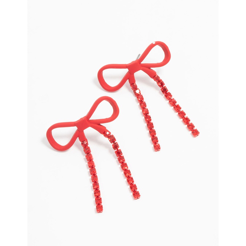 Red Coated Metal Bow Diamante Drop Earrings