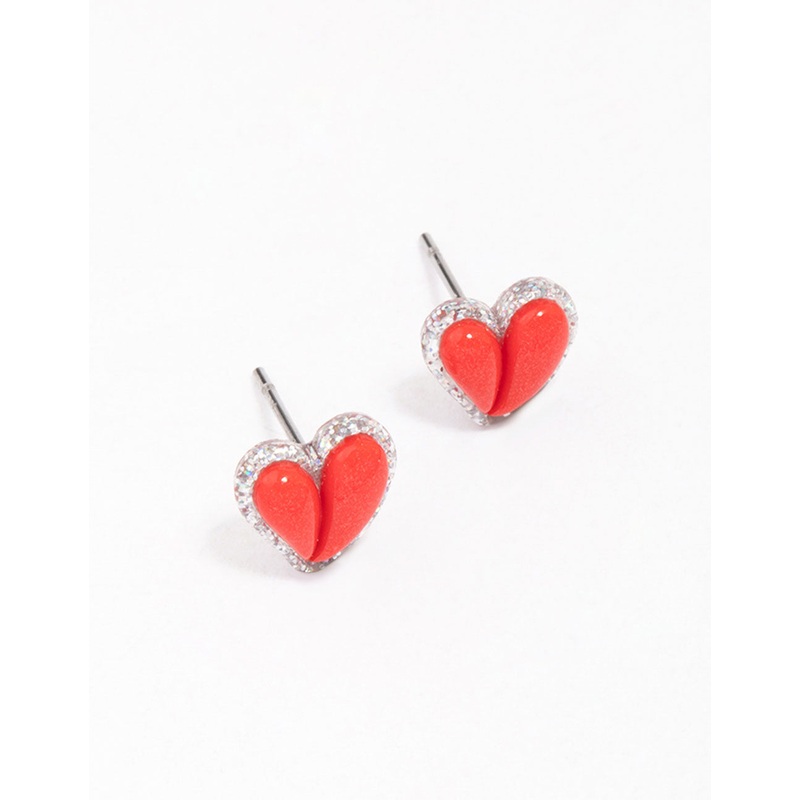 Red Puffy Heart Glitter Stud Earrings
