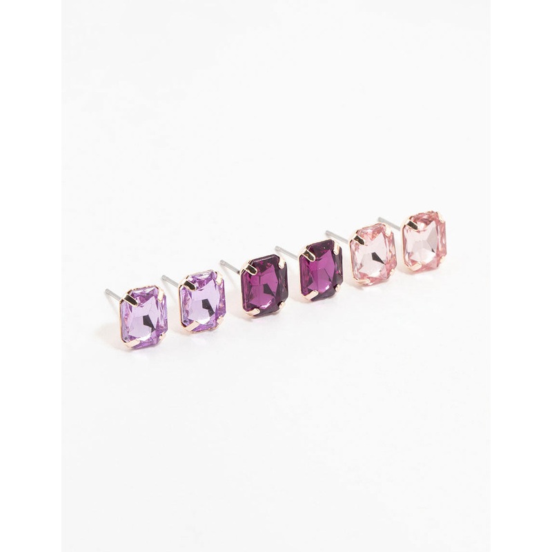 Rose Gold Rectangular Diamante Stud Earrings 3-Pack