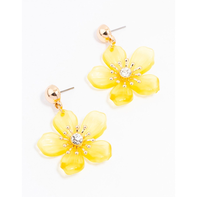 Yellow Gold Diamante Stapled Flower Drop Earrings