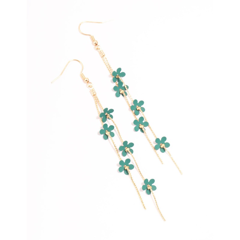 Blue Flower Chain Gold Drop Earrings