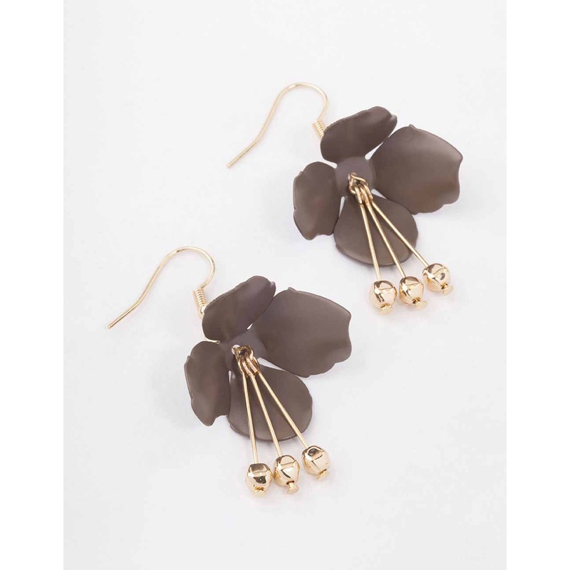 Brown Flower Stick & Ball Drop Earrings