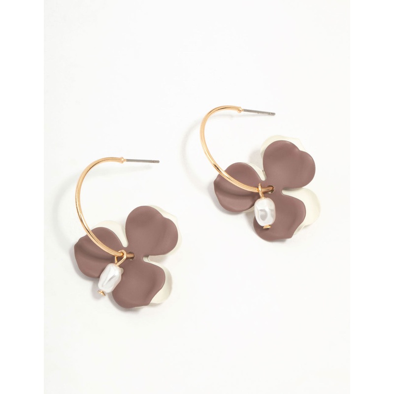 Brown Pearlised Flower & Pearl Hoop Earrings