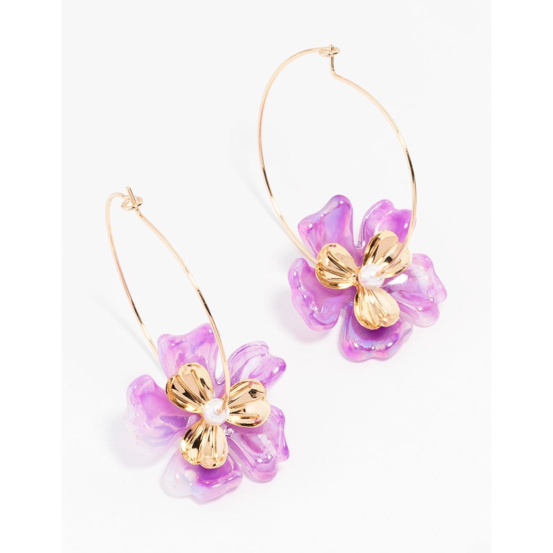 Gold Acrylic Pink Pearl Flower Hoop Earring