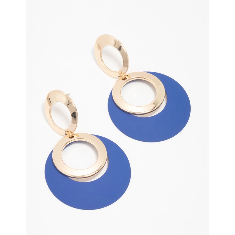 Gold Blue Circular Drop Earrings