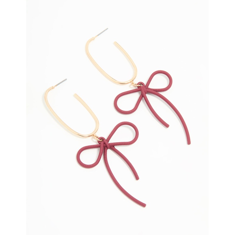 Gold Burgundy Bow Drop Earrings