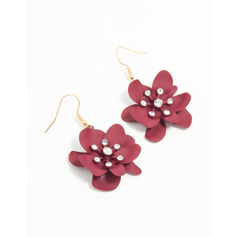 Gold Burgundy Flower Diamante Drop Earrings