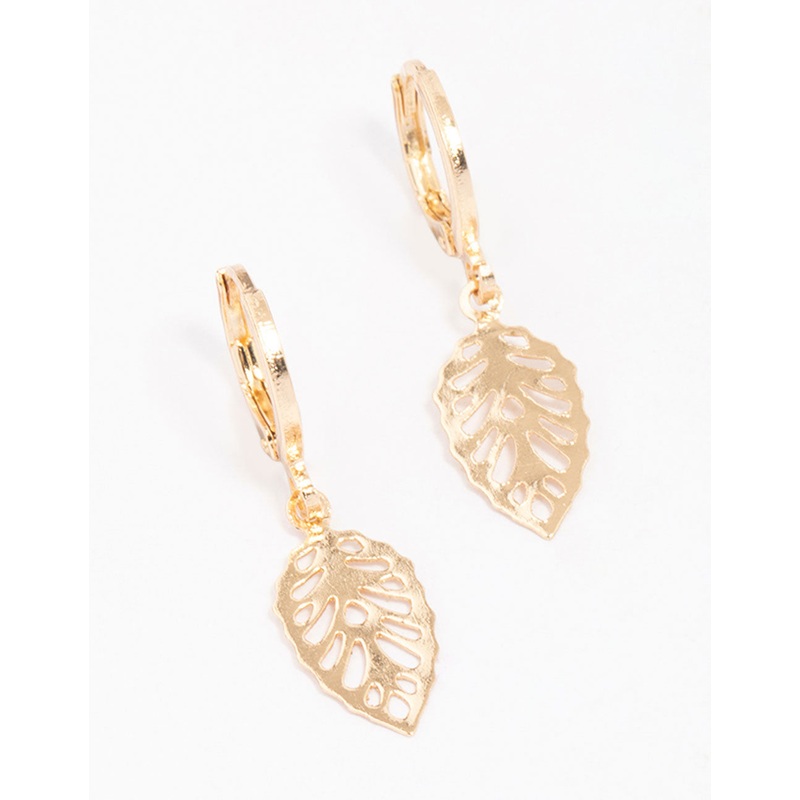 Gold Cut-Out Leaf Huggie Hoop Earrings