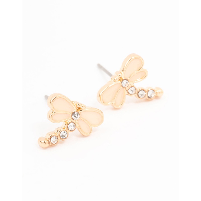 Gold Diamante Dragonfly Stud Earrings