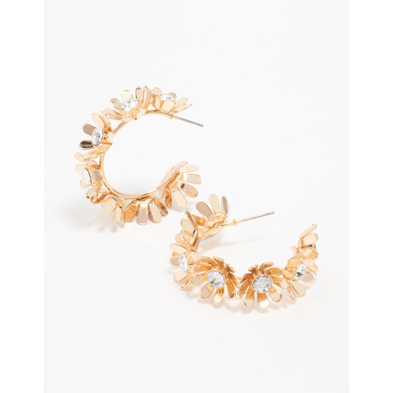 Gold Diamante Flower Hoop Earrings
