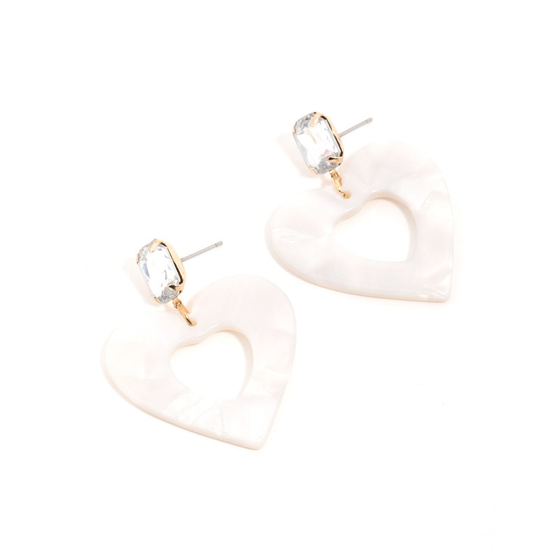 Gold Diamante Pearlised Heart Drop Earrings