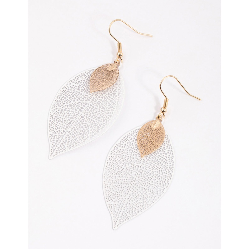 Gold Double Leaf Drop Earrings