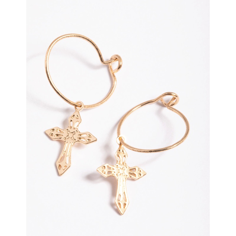 Gold Filigree Cross Hoop Earrings