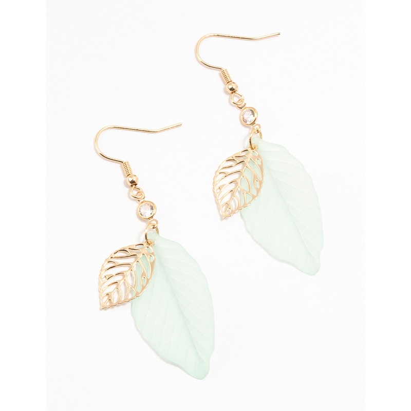 Gold Filigree Green Acrylic Leaf Drop Earrings