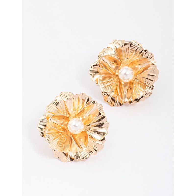 Gold Foil Pearl Flower Stud Earrings