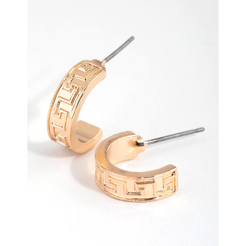 Gold Greek Key Huggie Hoop Earrings