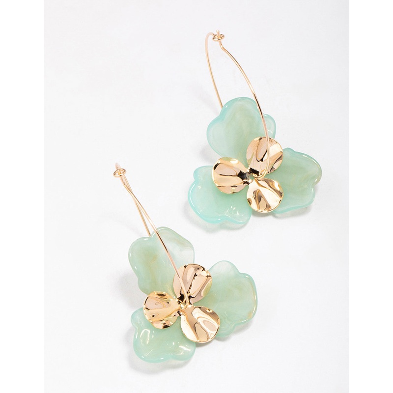 Gold & Green Large Flower Wire Hoop Earrings