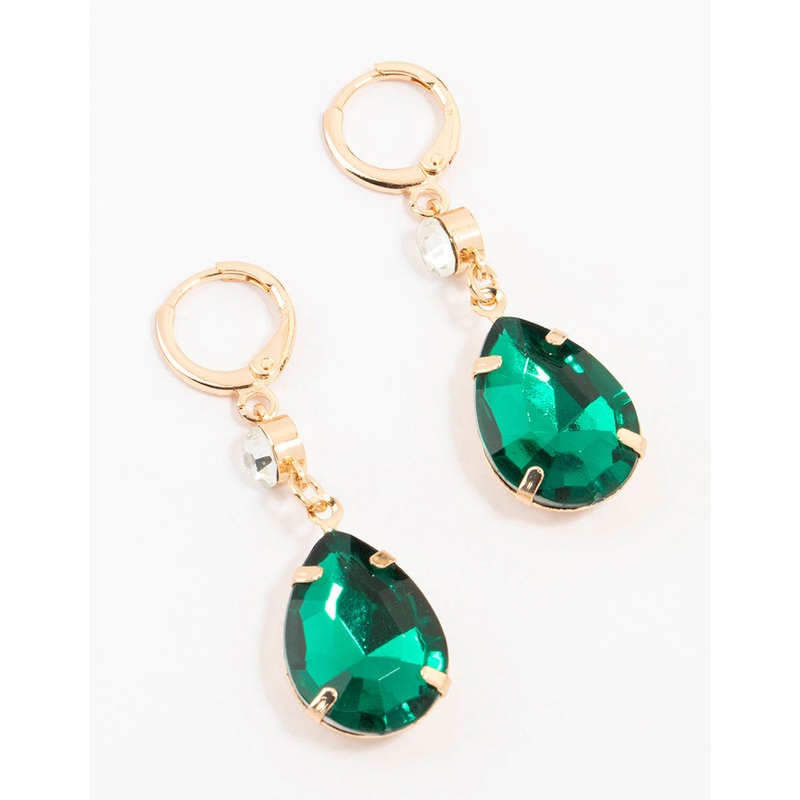 Gold Green Pear Diamante Drop Clicker Earrings