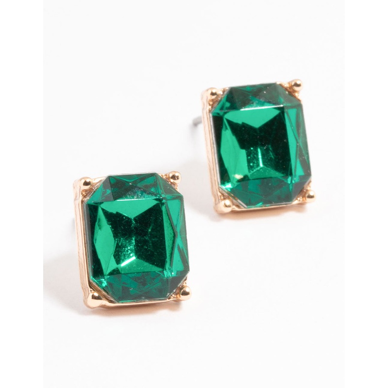 Gold Green Square Encased Etched Earrings
