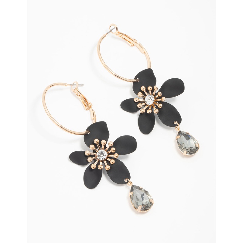 Gold Hoop Black Flower Diamante Hoop Earrings
