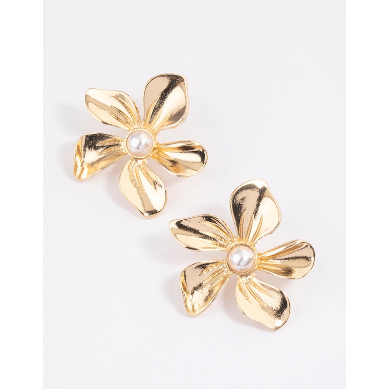 Gold Large Basic Flower Stud Earrings