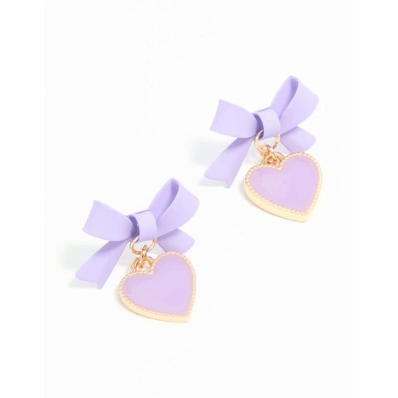 Gold Light Purple Coated Metal Bow Heart Drop Stud Earrings