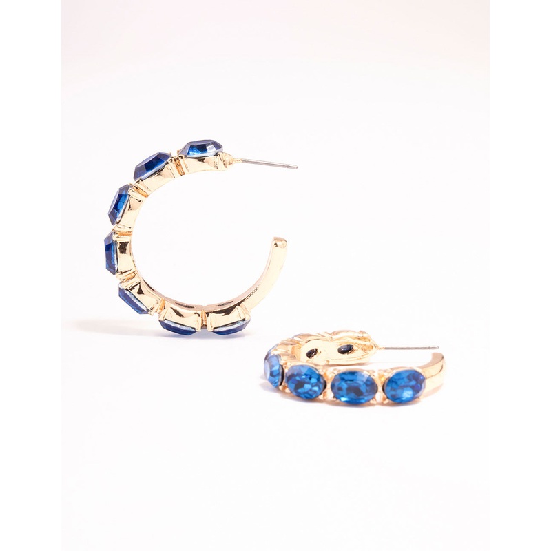 Gold Oval Blue Diamante Hoop Earrings
