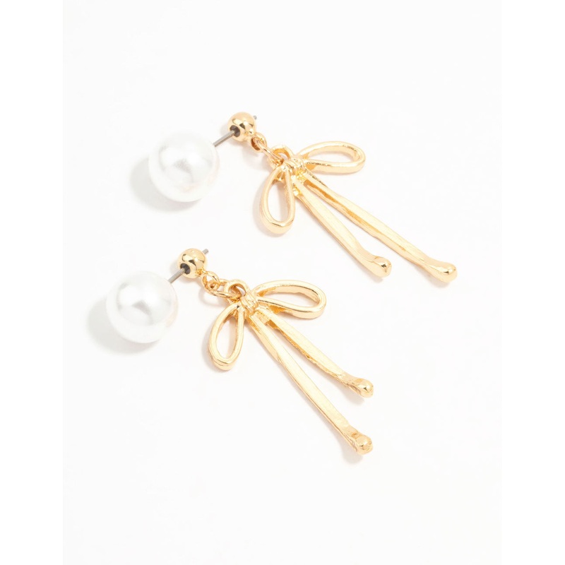 Gold Pearl & Bow Drop Earrings