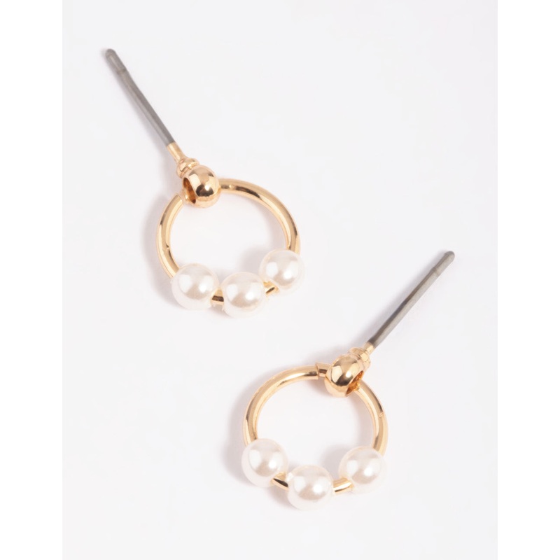 Gold Pearl Circular Stud Earrings