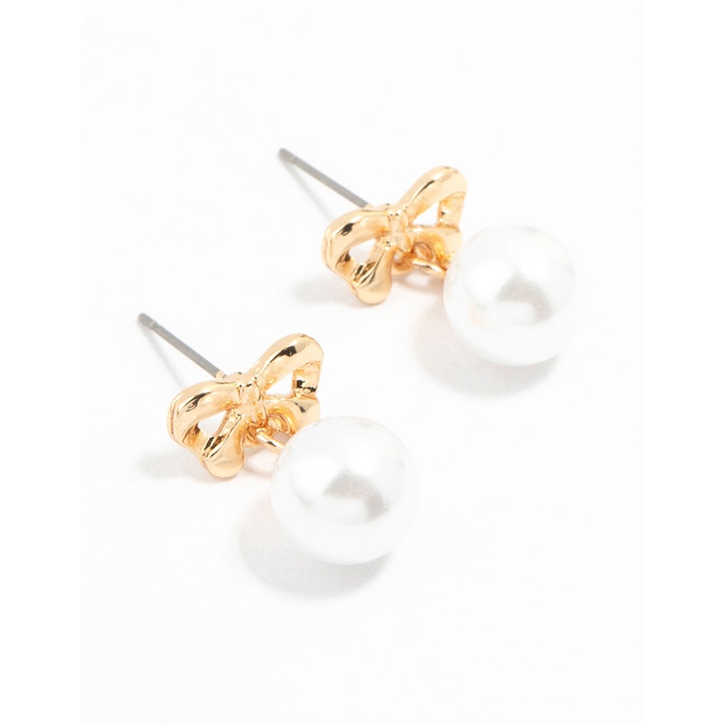 Gold  Pearl Drop Bow Stud Earrings