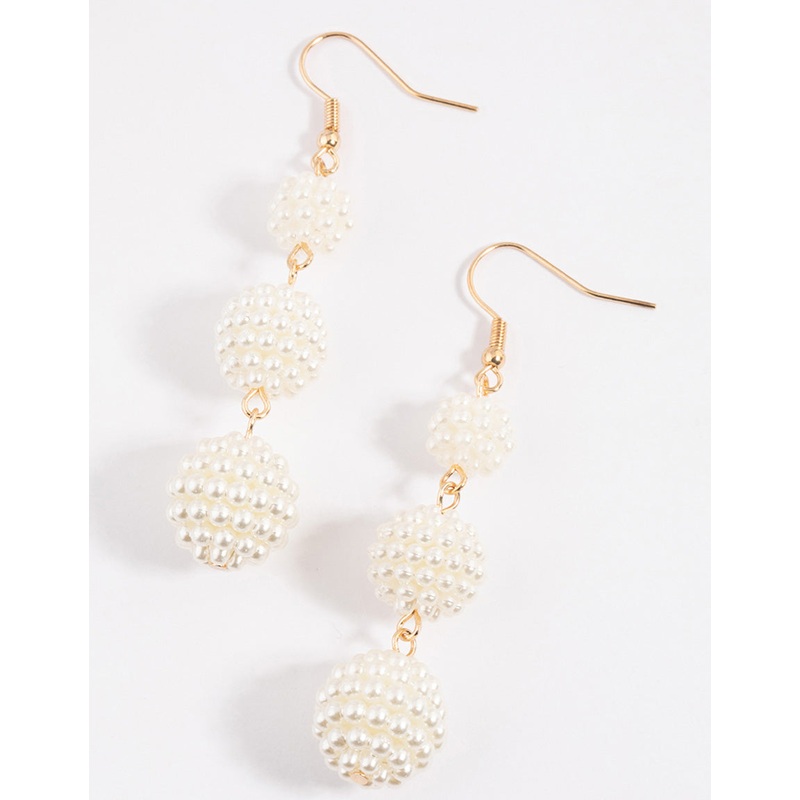 Gold Pearl Fireball Drop Earrings