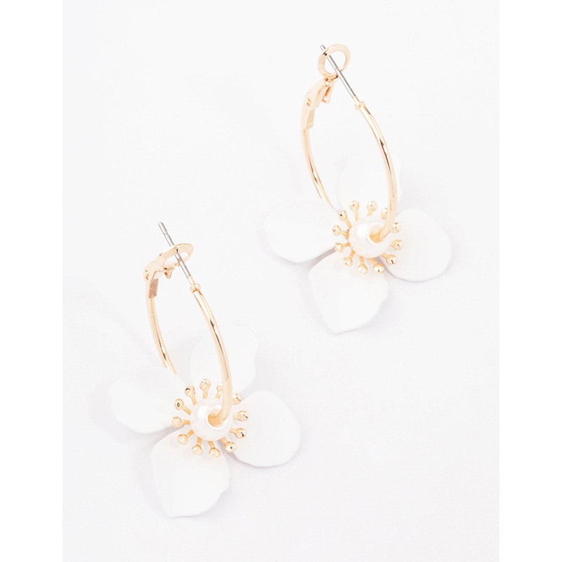 Gold Pearl Flower Hoop Earrings