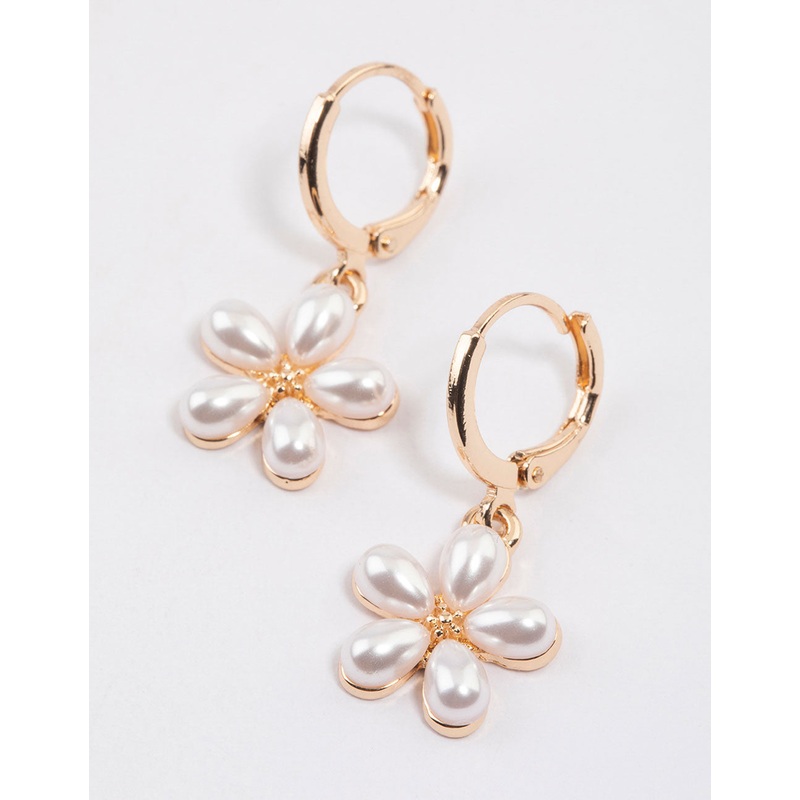 Gold Pearl Flower Huggie Earrings