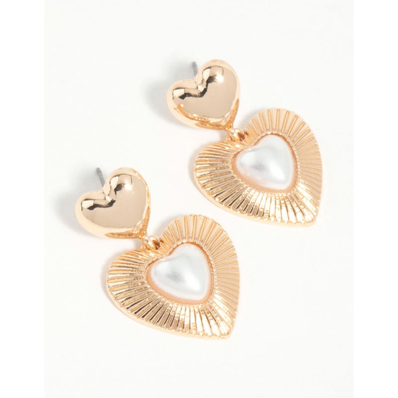 Gold Pearl Heart Drop Earrings