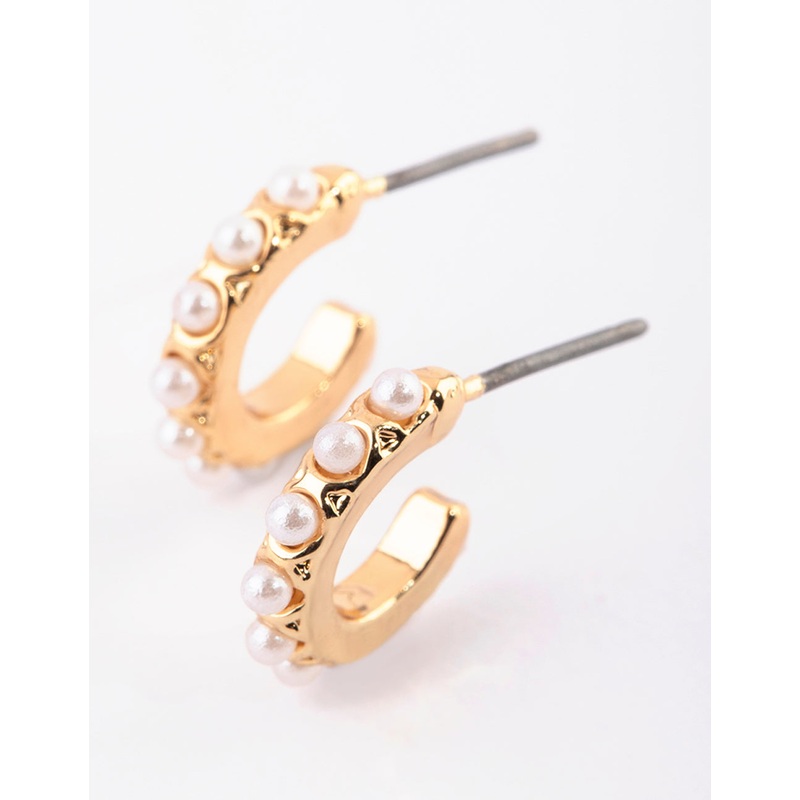Gold Pearl Huggie Hoop Earrings